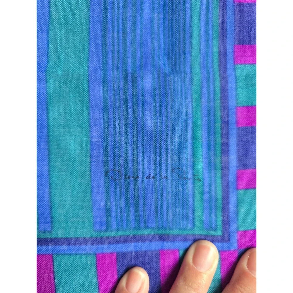 Oscar de la Renta Wool Scarf Square Stripe Teal Blue Purple Japan Fringe VTG Fla